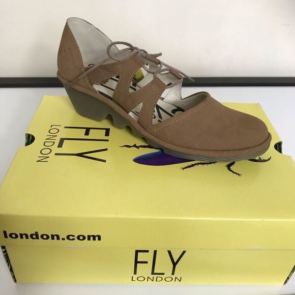 FLY London Leather Tie Wedges Phis Sand - Picture 1 of 8